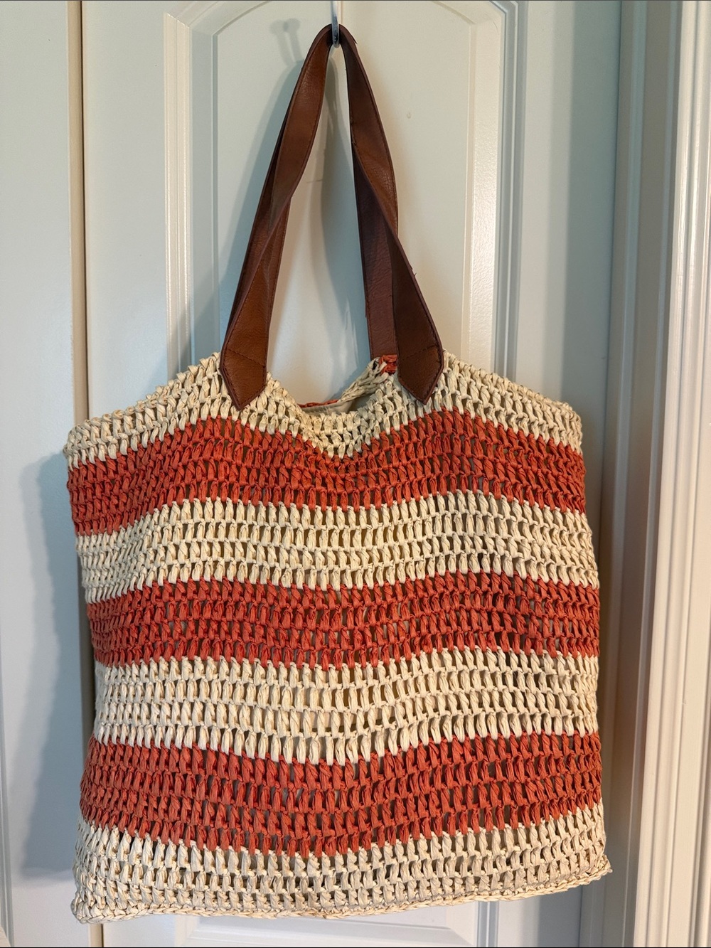 Sole Society Striped Raffia Tote - Cream & Rust Brown - Picture 3 of 6